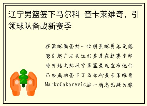 辽宁男篮签下马尔科-查卡莱维奇，引领球队备战新赛季