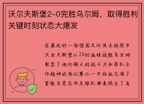 沃尔夫斯堡2-0完胜乌尔姆，取得胜利关键时刻状态大爆发